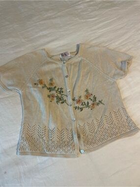 R&K Cream Short-Sleeve Embroidered Cardigan